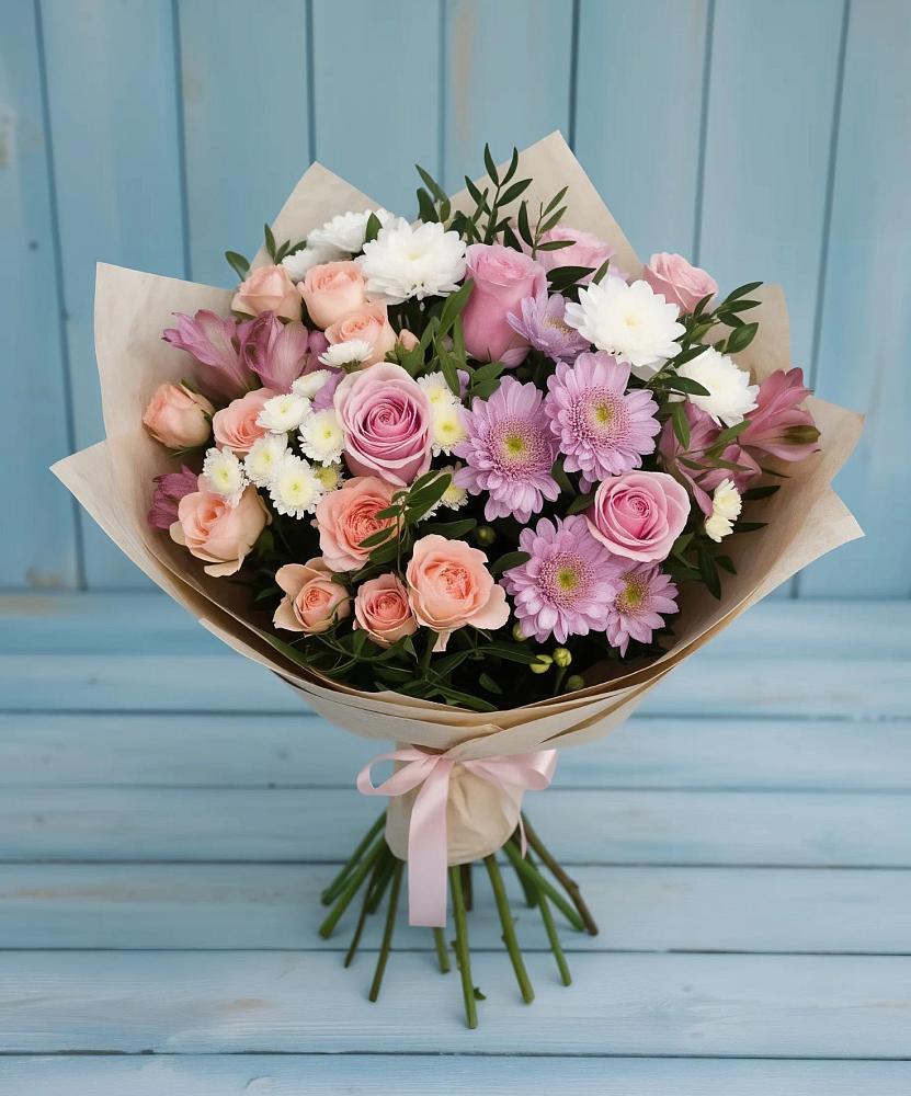 Букет цветов из: Хризантемы, Розы и Альстромерии в Ахметовскую