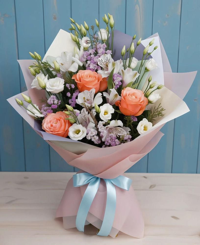 Букет цветов из: Лизиантусы, Розы, Альстромерии и Гипсофила в Ахметовскую
