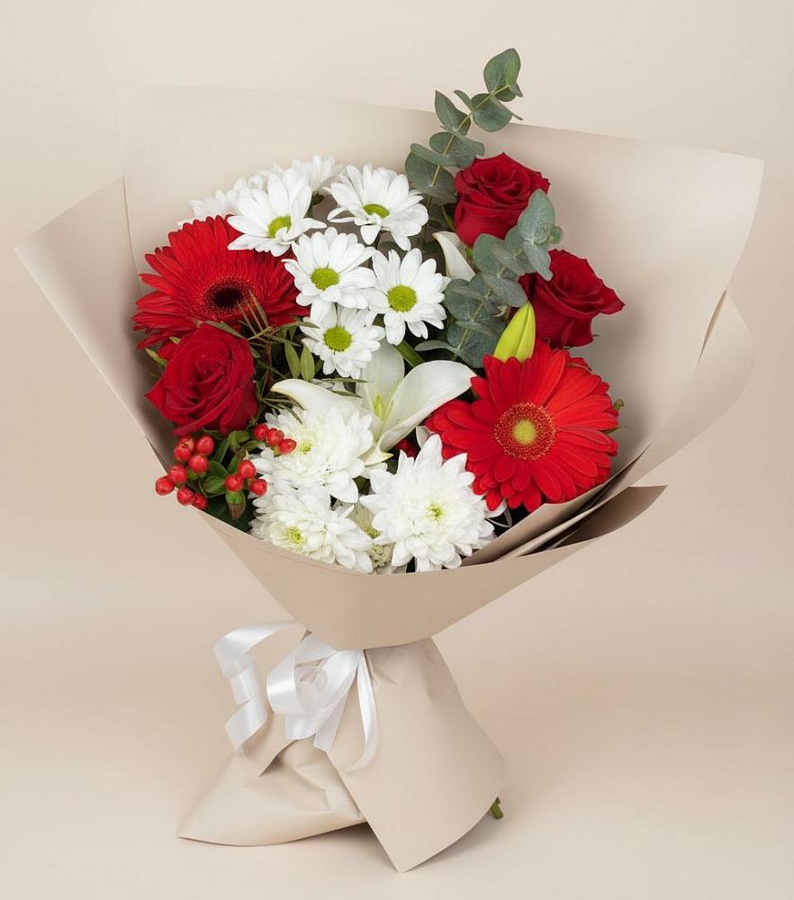 Букет цветов из: Розы, Хризантемы, Герберы и Лилии в Ахметовскую