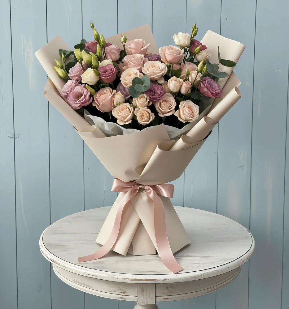 Букет цветов из: Розы и Лизиантусы в Ахметовскую