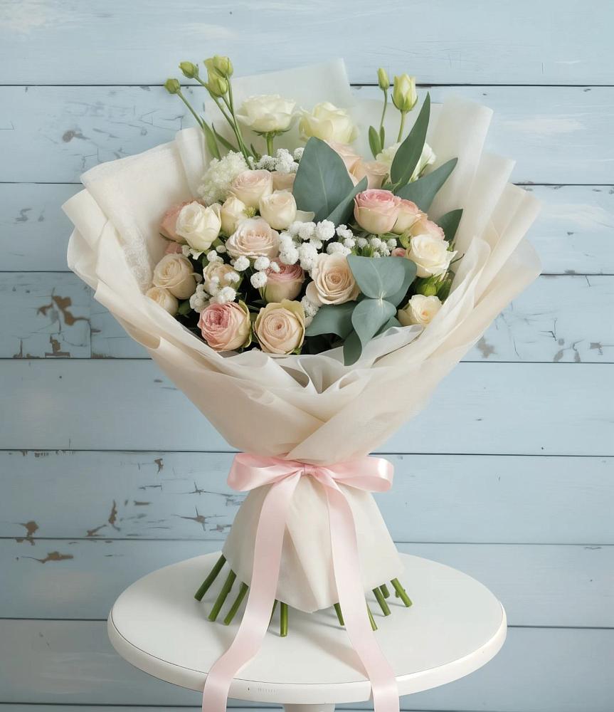 Букет цветов из: Розы и Лизиантусы в Ахметовскую